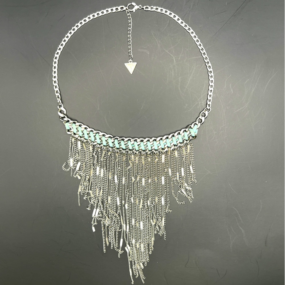 GUESS 18-inches Women’s Fringed Necklace with Woven Turquoise Leather Accent.